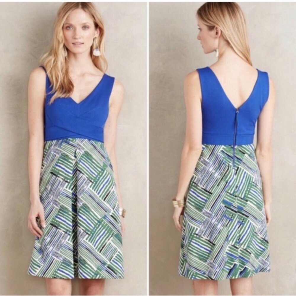 Anthropologie HD in Paris Blue Geometric Fit Flare Dress Petite 6 Cotton